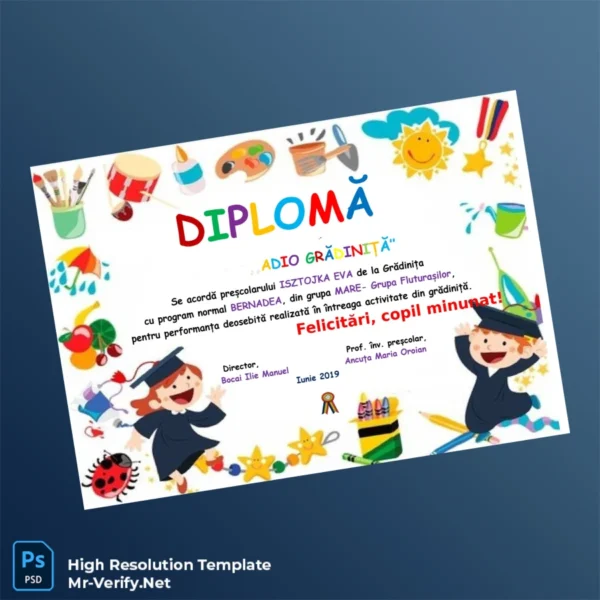 Printable Romania Grădinița Bernadea Preschool Diploma Template Image Preview - PrintDocs